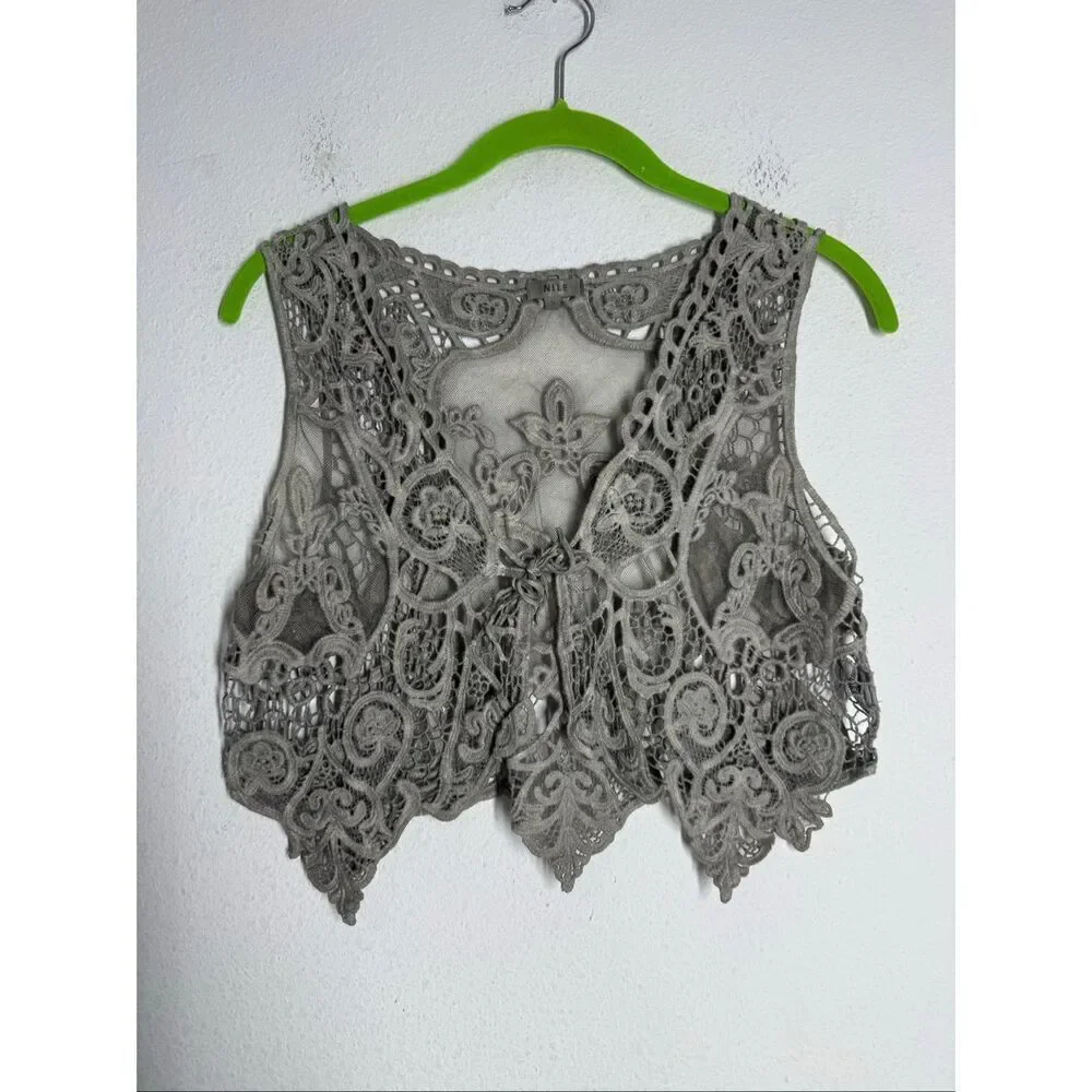 NILE Lace Crochet Vest Gray Boho Sheer Embroidered Tie Front Sz S Made in Italy
